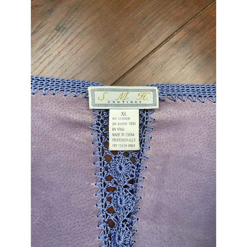 VNTG S.M.H Leather Purple Patchwork Floral Crochet Knit Button Up Jacket Sz XL - Picture 6 of 10